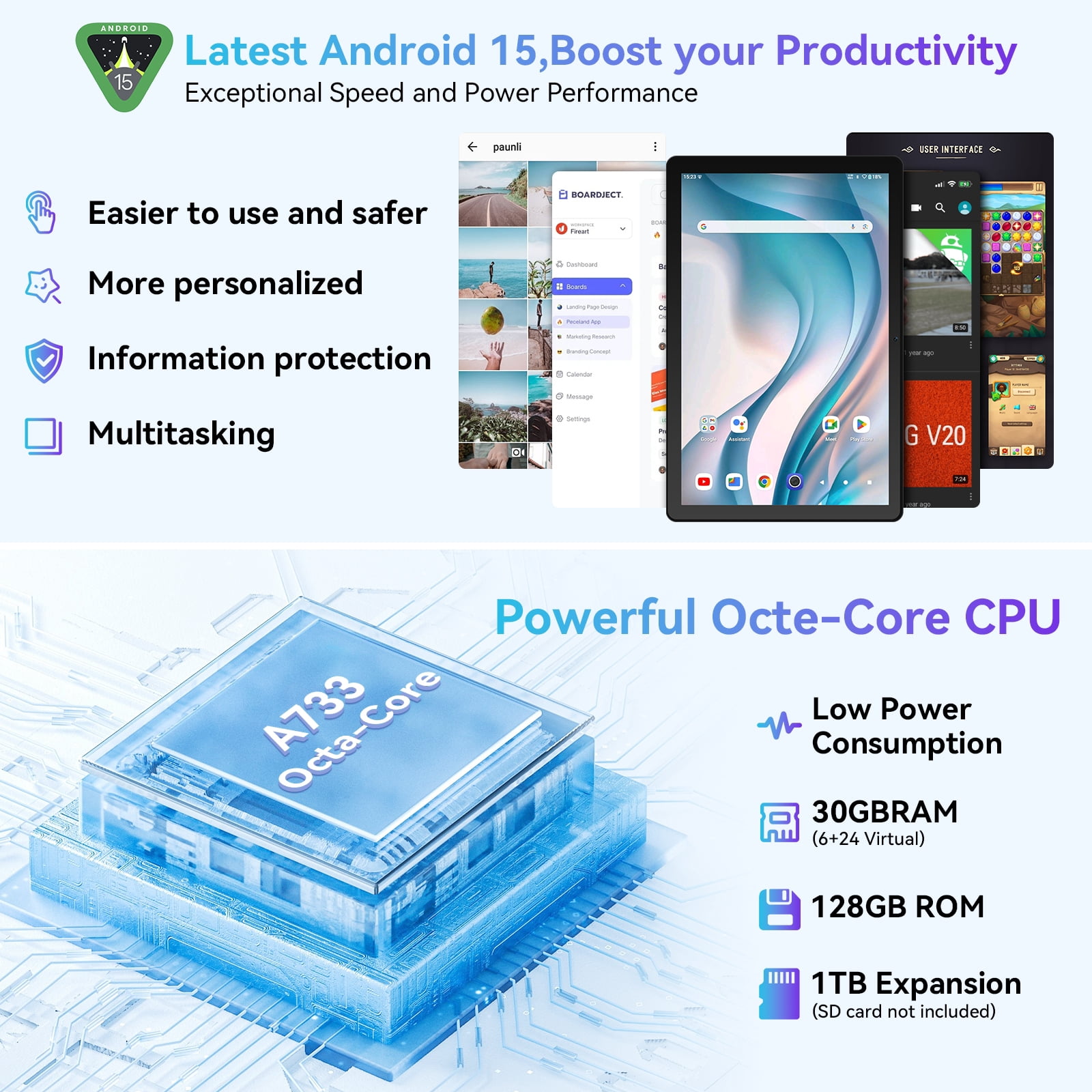 AEEZO Android 15 10 Inch Tablet, 30GB+128GB+1TB TF Expandable, Octa Core, Widevine L1, Wi-Fi 6G BT 5.3, 6200mAh Battery, 5+8MP Camera, Support Computer Mode - Gray