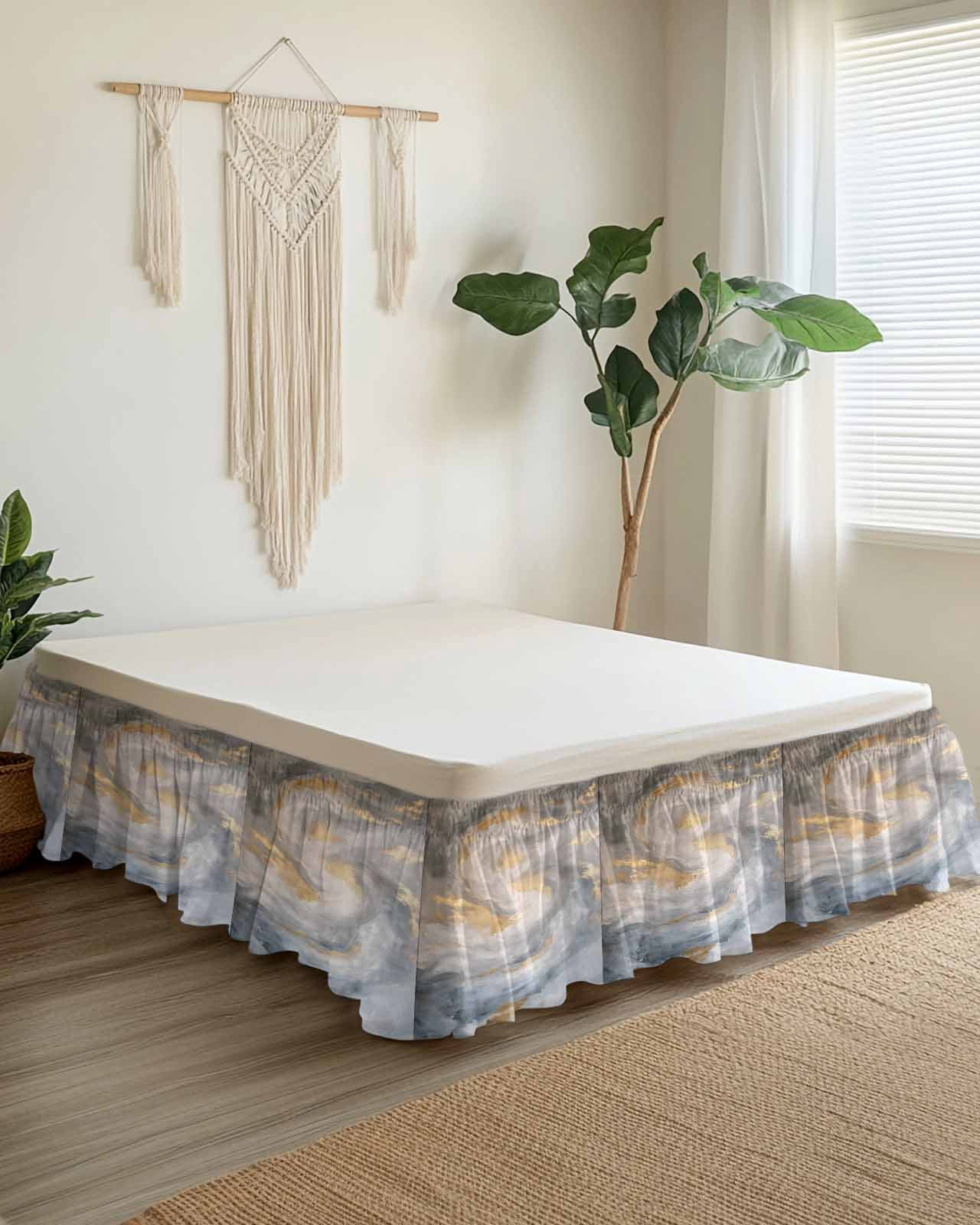 Grey Golden Wrap Around Bed Skirts for Queen Bed 16" Drop, Bed Skirt with Adjustable Elastic Belt Dust Ruffle Bed Valance for Bedroom Hotel Luxury Modern Oil Painting Abstract Bed Frame Cover