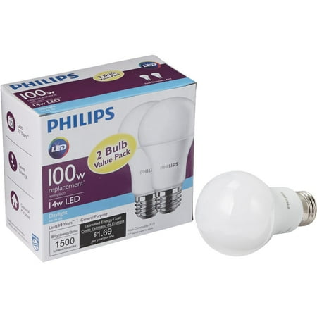 - Philips LED 14W (100 Watt Equivalent) Daylight Standard A19 Light Bulb, 2 CT