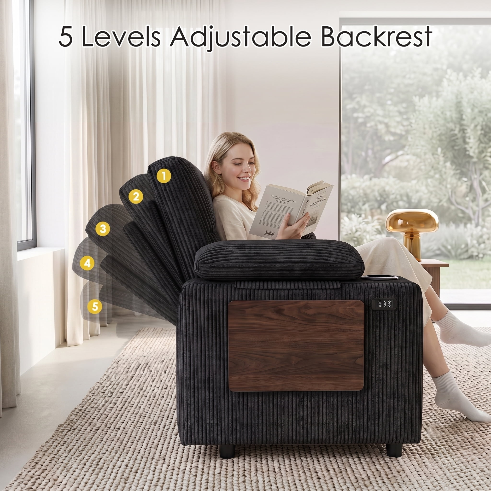 58" Convertible Sleeper Sofa Bed, Full Size Pull Out Couch with USB Charging, Cup Holders, Side Table, Adjustable Backrest, Corduroy Loveseat for Living Room, Apartment, Office (Black)