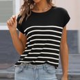 thumbnail image 2 of TSADFHJI Hauts Femmes Tendance Manches Courtes Rayées Chauve-Souris Été Col Rond Tee Tricoté Décontracté Ample m Noir, 2 of 9