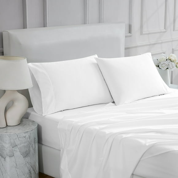 Draps de Lit 100 % Coton, Poche Profonde, Résistants aux Plis, Satin Doux et Lisse 4 Pcs, Très Grand Blanc Éclatant par Aireolux
