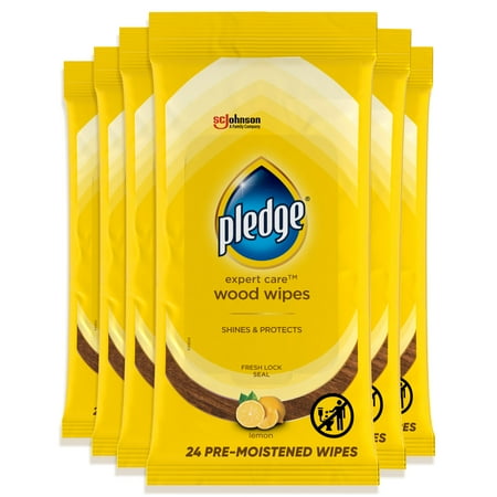 Pledge Expert Care Wood Wipes, Shines and Protects, Removes Fingerprints, Lemon Scent, 24 Count (Pack of 6)
