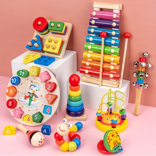 Reloj despertador Qin de ocho tonos con cuentas pequeñas, juego de piano para niños, juguete de madera para bebés, bloques de construcción educativos para educación temprana