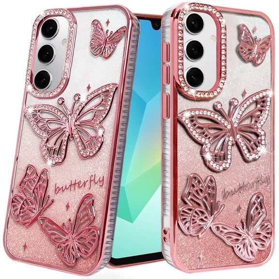 For Samsung A16 5G Butterfly Freedom Shimmer Glitter Thick TPU Case Cover - Rose Gold