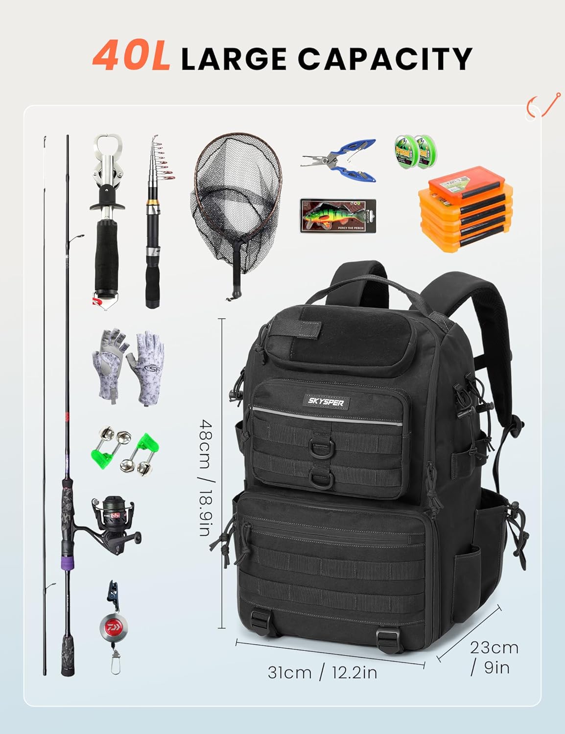 SKYSPER Tackle Backpack Fishing Bags with Rod Holder, 40L Water-Resistant Storage for Gear