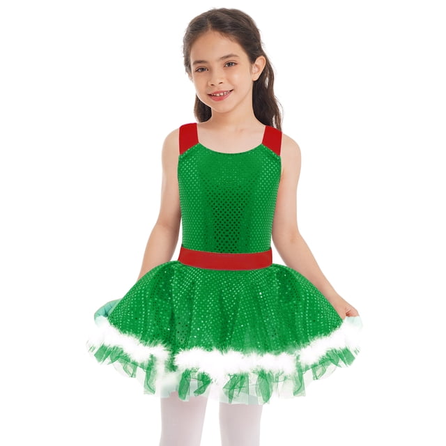 TTAO Robe de Danse de Noël à Paillettes pour Filles, Robe Tutu de Ballet Étoile des Fêtes, Robe de Patinage Artistique sur Glace Verte 16