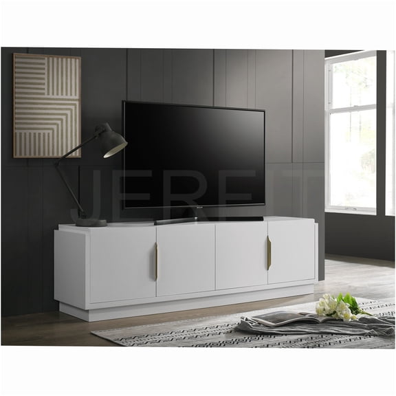 JERFIT 70 inch White TV Stand with 4 Doors, Wood Entertainment Center with Gold Handles, TV Cabinet with Adjustable Shelf, for Living Room, Bedroom