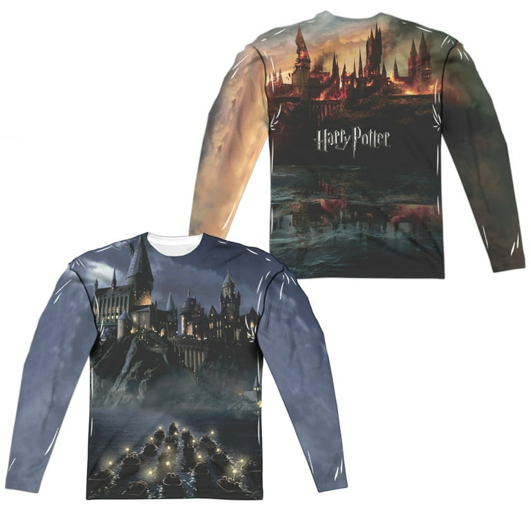 Harry Potter Hogwarts (Front/Back Print) Mens Long Sleeve Sublimation Shirt, Men's, Size: Medium, White