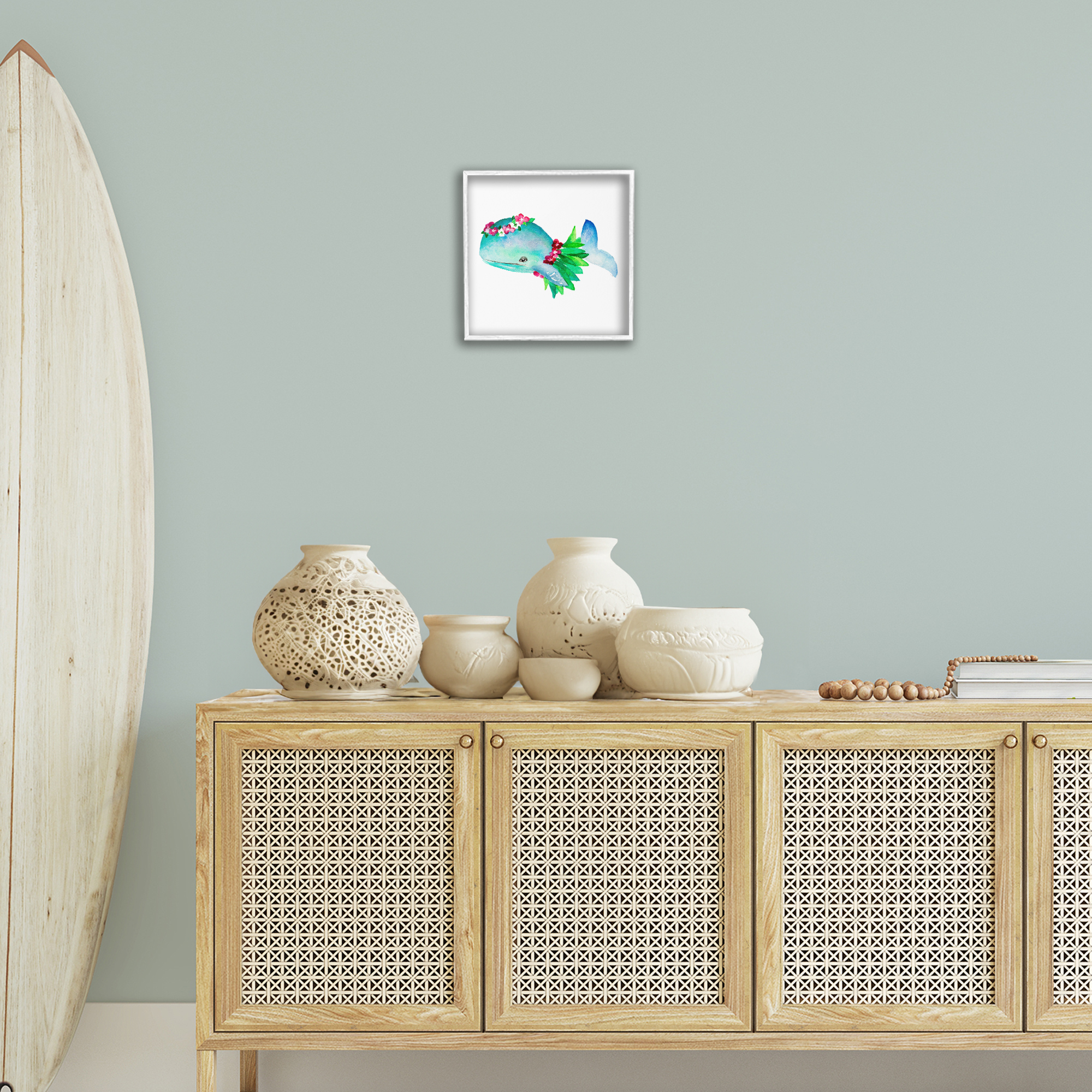 Stupell Industries Hula Skirt Whale Novelty Painting White Framed Art Print Wall Art, 12 x 12