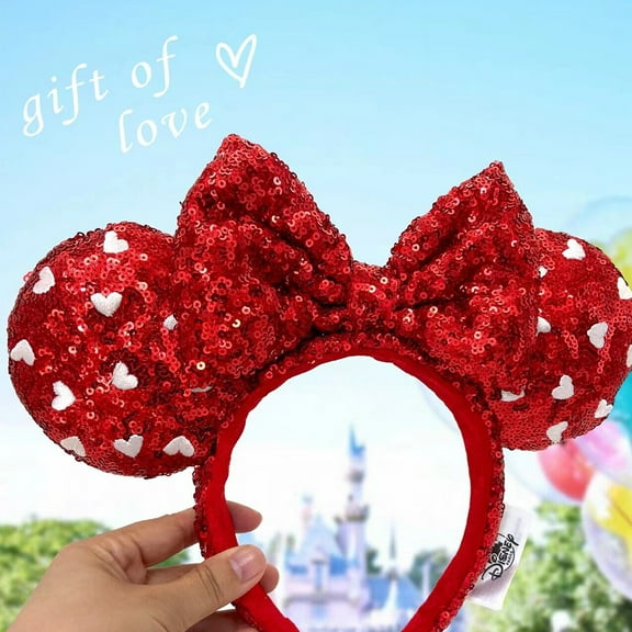 Fashion Cartoon Mouse Red Heart Sequin Bow Girls Hairband Minnie Ears Headband