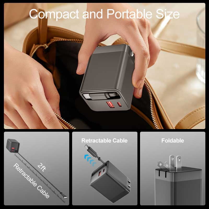 65W PD Home Charger Compatible With Motorola Moto G Power 5G (2020,2021,2022,2023,2024,2025,2026) - Fast Type-C 2ft Retractable Cable USB-C Built-in