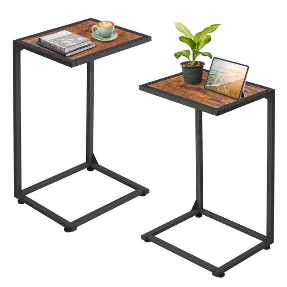 2-Pack Retro Wood Grain Side Tables - Adjustable Sofa Couch Desk with 44LBS Load Capacity