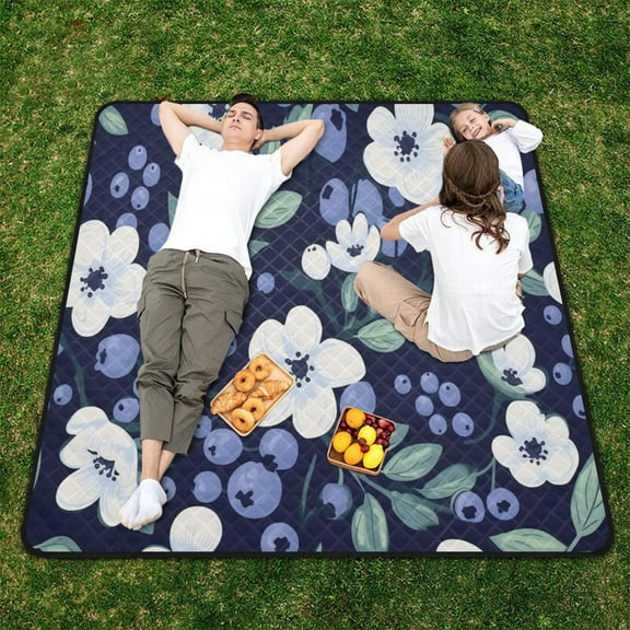 Blueberries Flowers Leaves Floral Beach Blanket Outdoor Picnic Blanket 78"x 78" Waterproof Foldable for Beach Camping Travel Hiking Grass Lawn Park