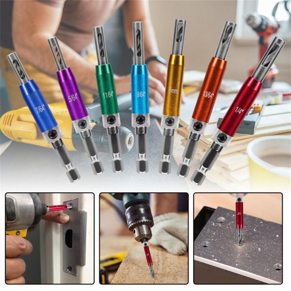 7Pcs Self Centering Drill Bit Set, Center Drill Bit Set With Hex Wrench, 2 Side Holes, Automatic Positioning Center Drill Sleeve, Woodworking Drill Bit Kit Set