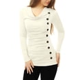 thumbnail image 1 of INSPIRE CHIC Women's Cowl Neck Long Sleeve Top Button Decor Ruched Front Regular Fit Pullover Top XS White, 1 of 5