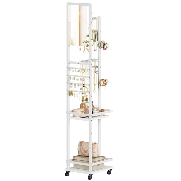HOOBRO Rolling Jewelry Storage Armoire with Mirror, White
