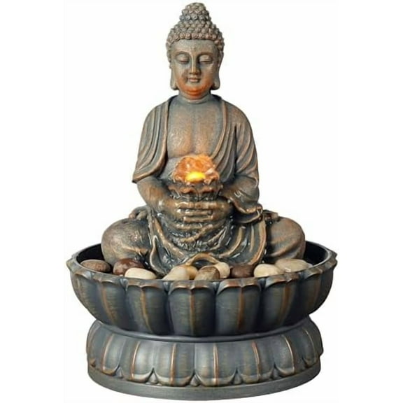 Home Décor 9.6" Tabletop Fountain Exquisite Smile Sitting Buddha Fountains Desk Water Fountain Decorative Zen Fountain w/Reflective Lighting/Cobblestone Office and Home Decor(21125A)