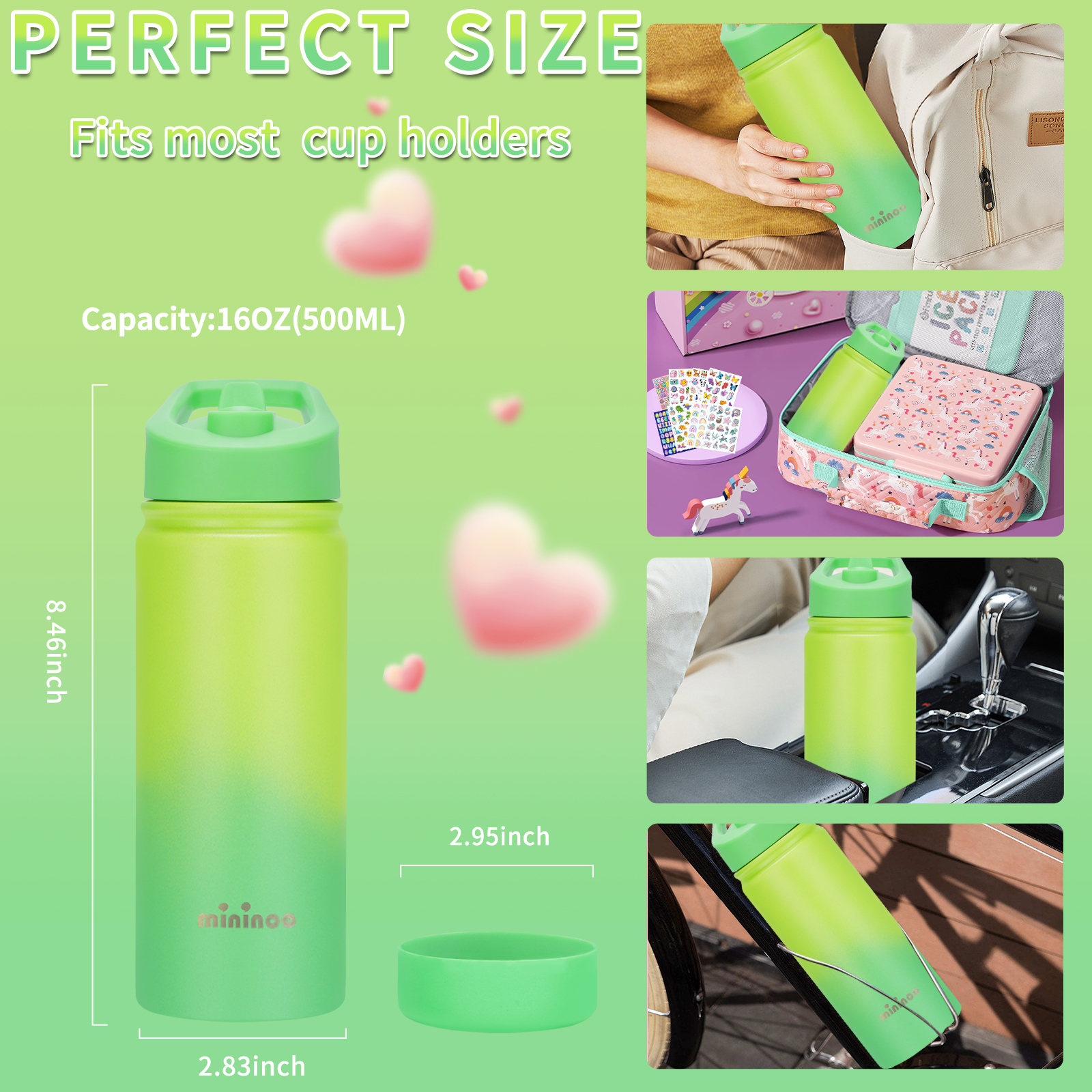 mininoo Kids Water Bottle for School, 16oz Stainless Steel Insulated Water Bottle Kids with Straw Lid for Girls, Boys