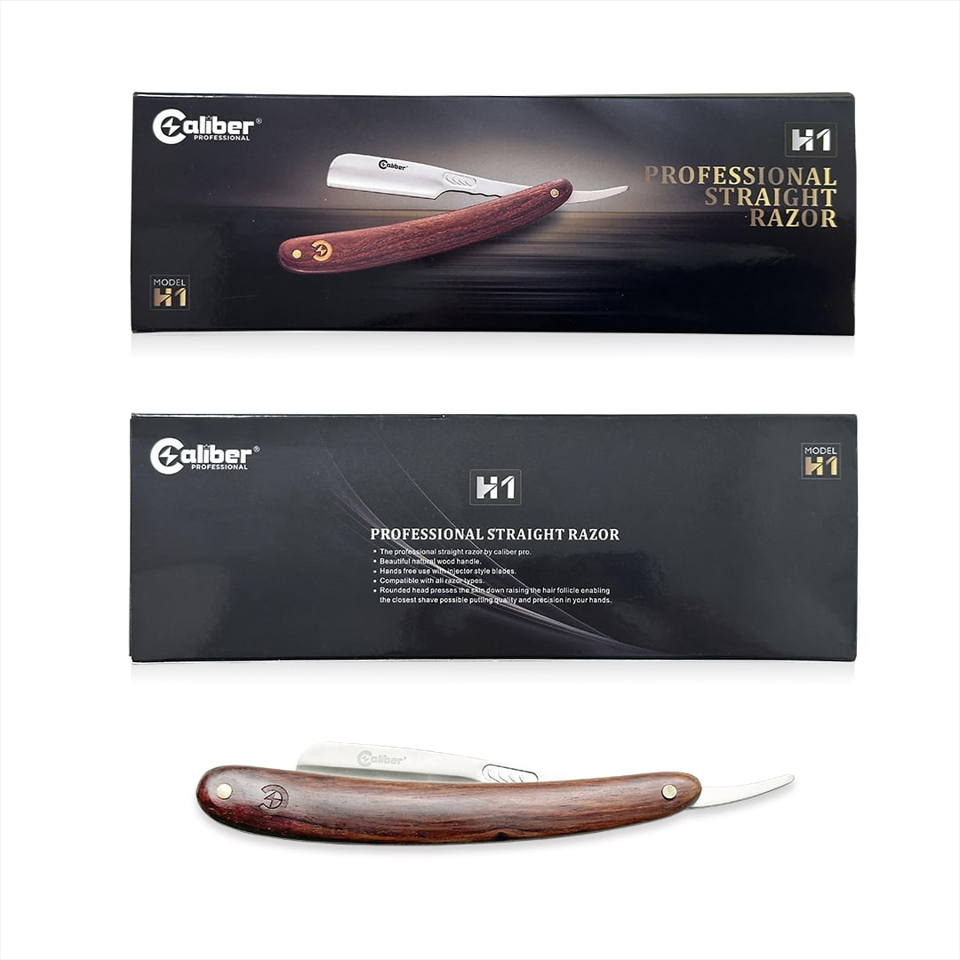 Caliber Pro Straight Razor H1, 6.5 inch Wood Handle, Stainless Steel Blade, Barber Scraper