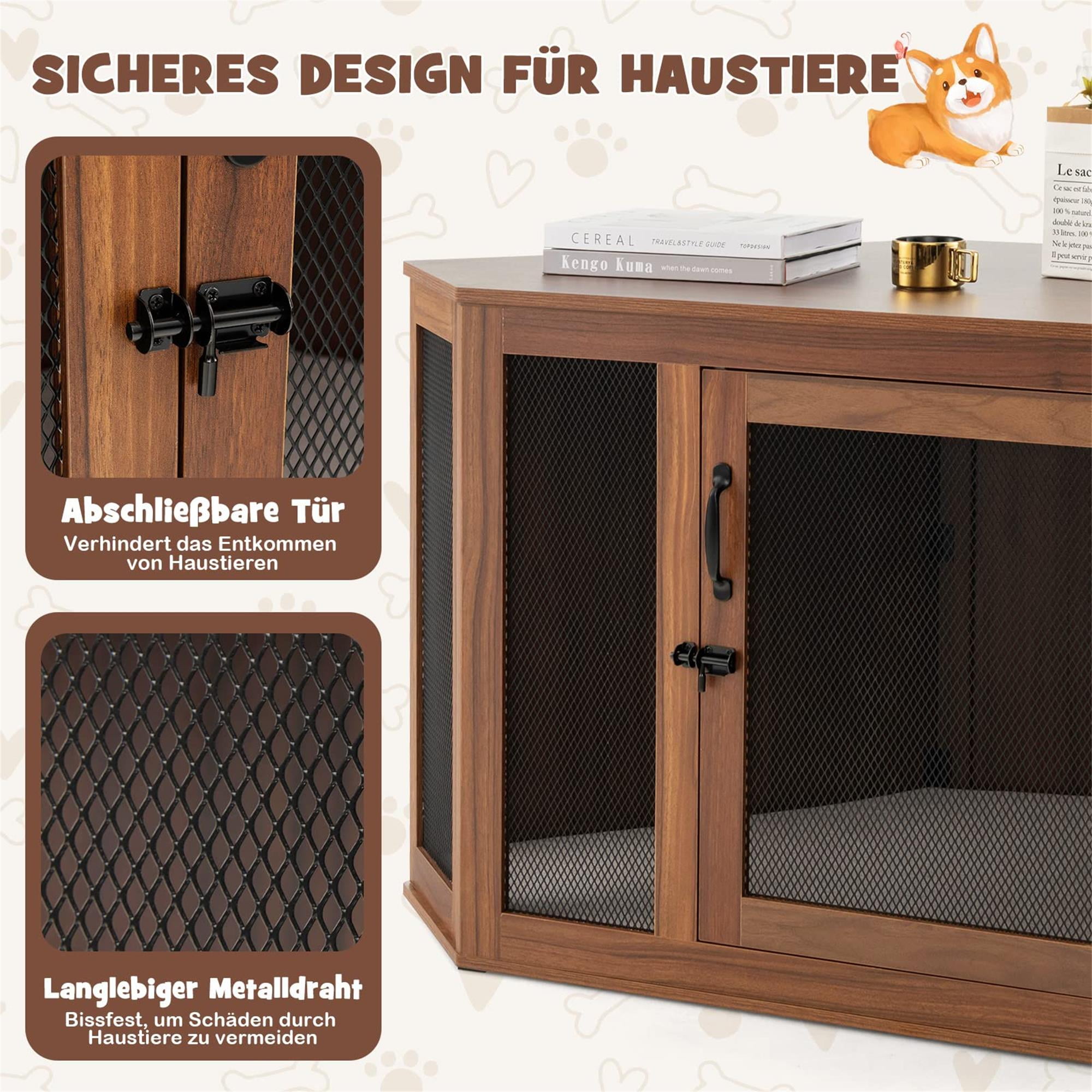Kadyn 45" Dog Crate Furniture for Small Dogs with Door Lock and Cushion, Corner Fence Dog Cage for Indoor Dogs, Brown