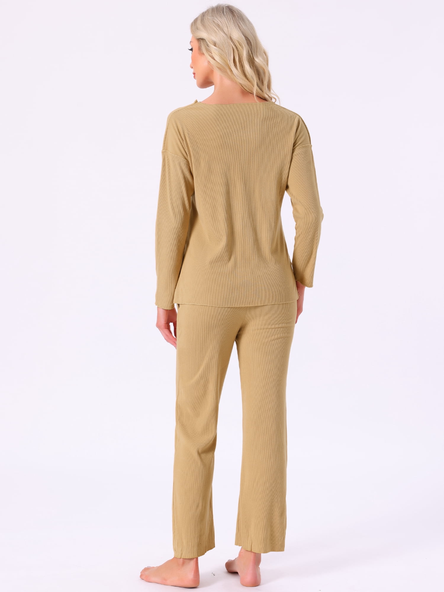 DARING DIVA Women's Button Up V-Neck Elastic Waist Pants Pajama Sets M Brown