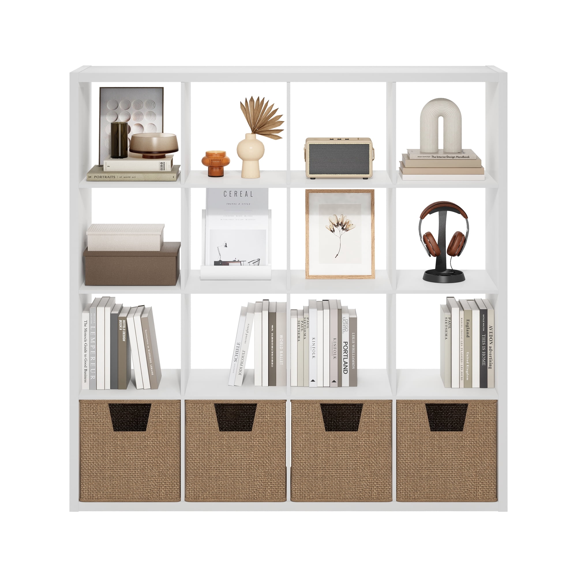 Furinno CUBICLE Book Shelf, 16-Cube Thick Frame Bookshelf, Reversible Bookcase with Open Back, 14.6 x 57.8 x 58, for Living Room, Bedroom, Home Office, White