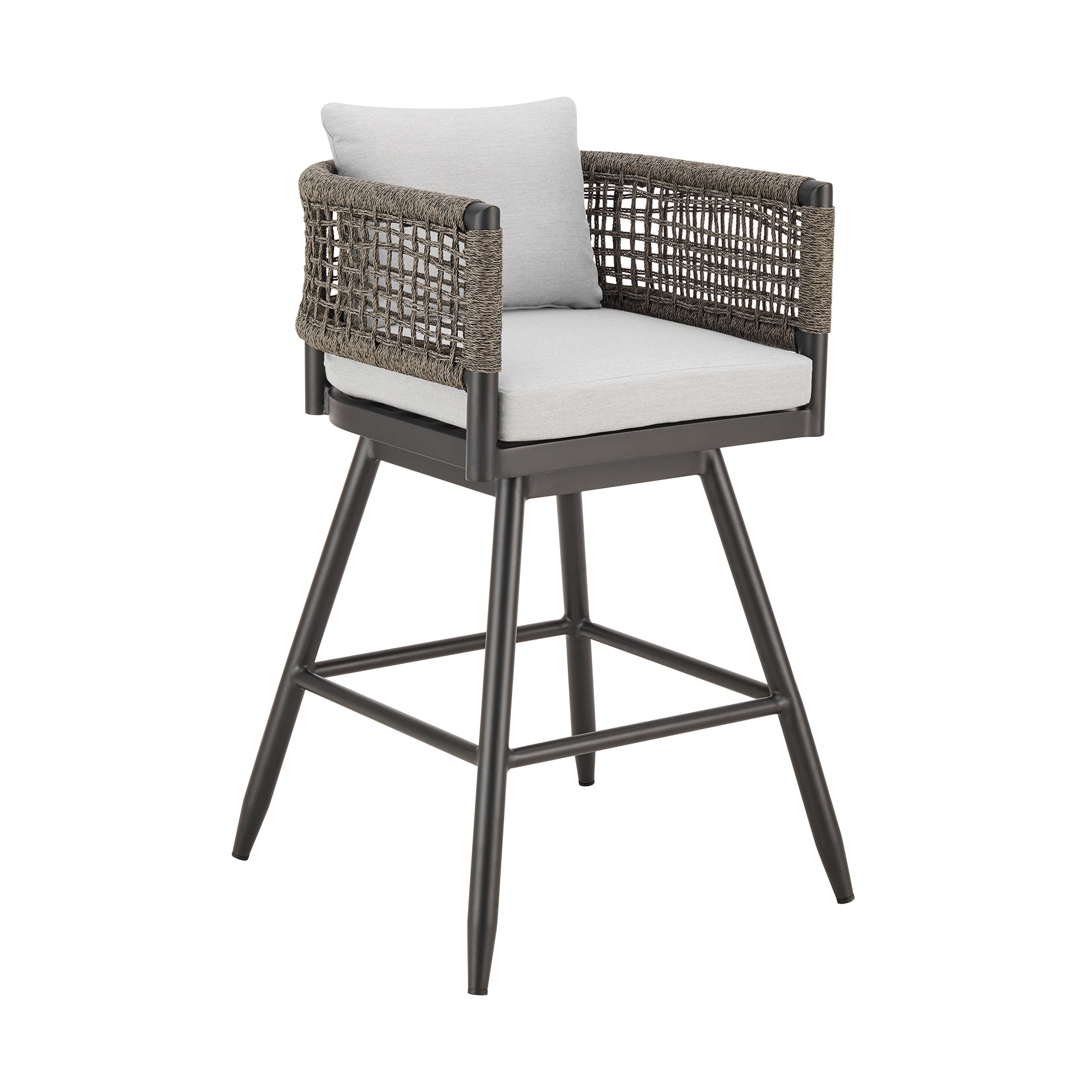 Alegria Outdoor Patio Swivel Bar Stool in Aluminum with Gray Rope and Light Gray Cushions - Set of 2