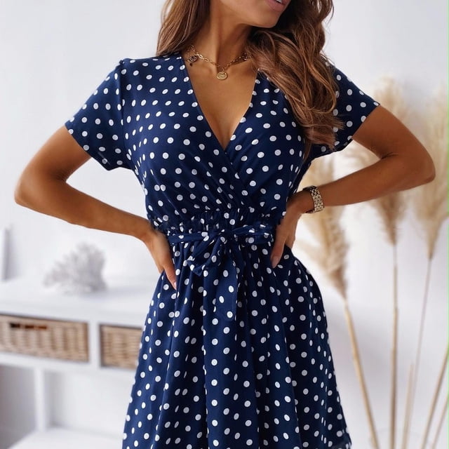 Nouvelle Robe Décontractée Plissée Aguichant pour Femmes, une Pièce, Imprimé Ropa de Mujer, à Pois, Col en V, à Volants, avec Fermeture Éclair et Laçage