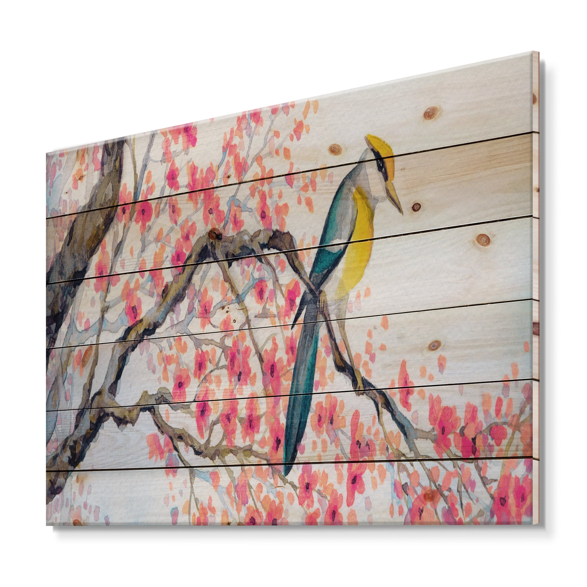 Designart 'Beautiful Pink Bird Sitting On Flowering Branch I' Traditional Print on Natural Pine Wood