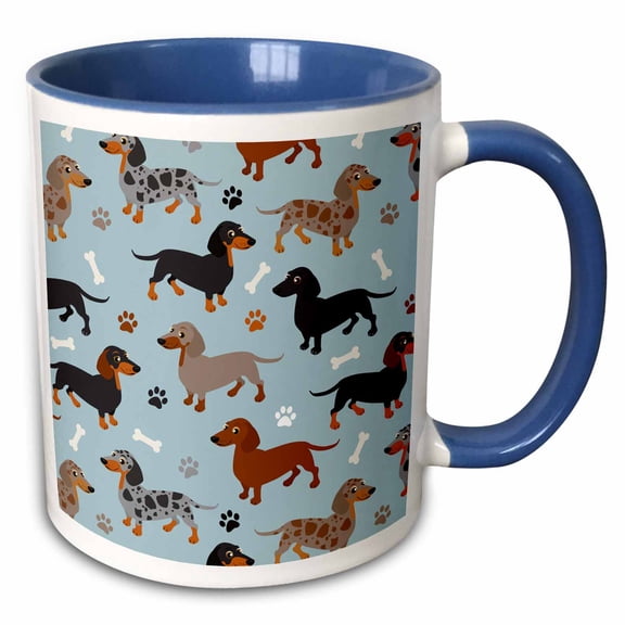 3drose, Cute Dachshund Pattern Blue Doxies, 15oz Two-tone Blue Mug