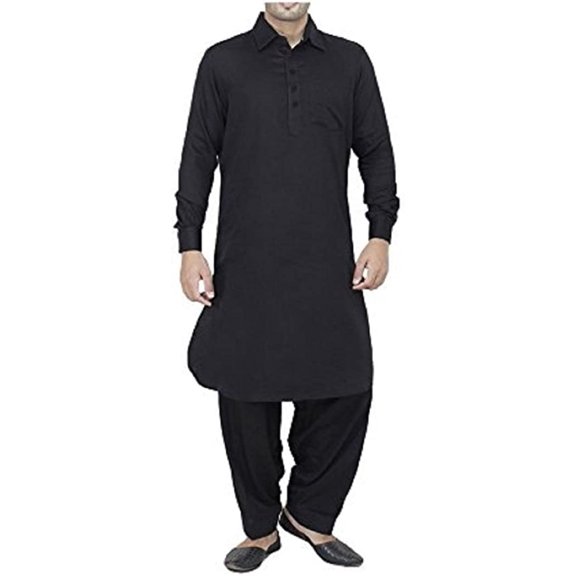 Royal Men's Black Classic Collar Cotton Blend Pathani Kurta and Salwar