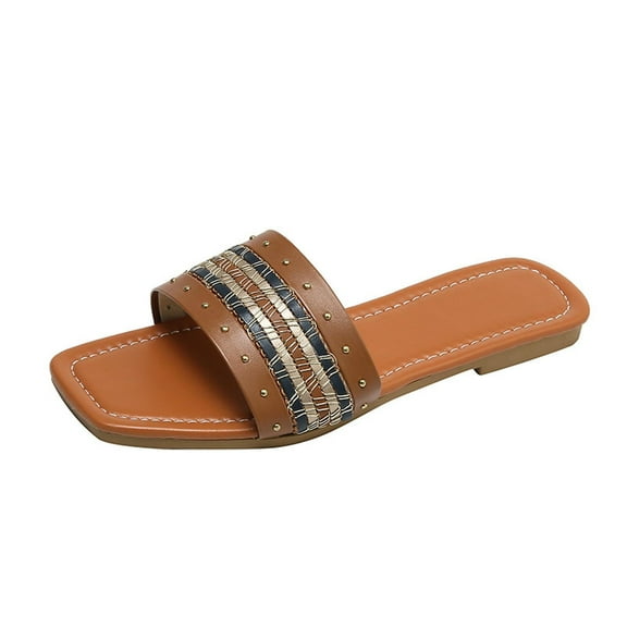 JeashCHAT Slip On Slide Sandals for Women Women's Flat Shoes Ladies Beach Sandals Summer Non-Slip Causal Slippers (Khaki)