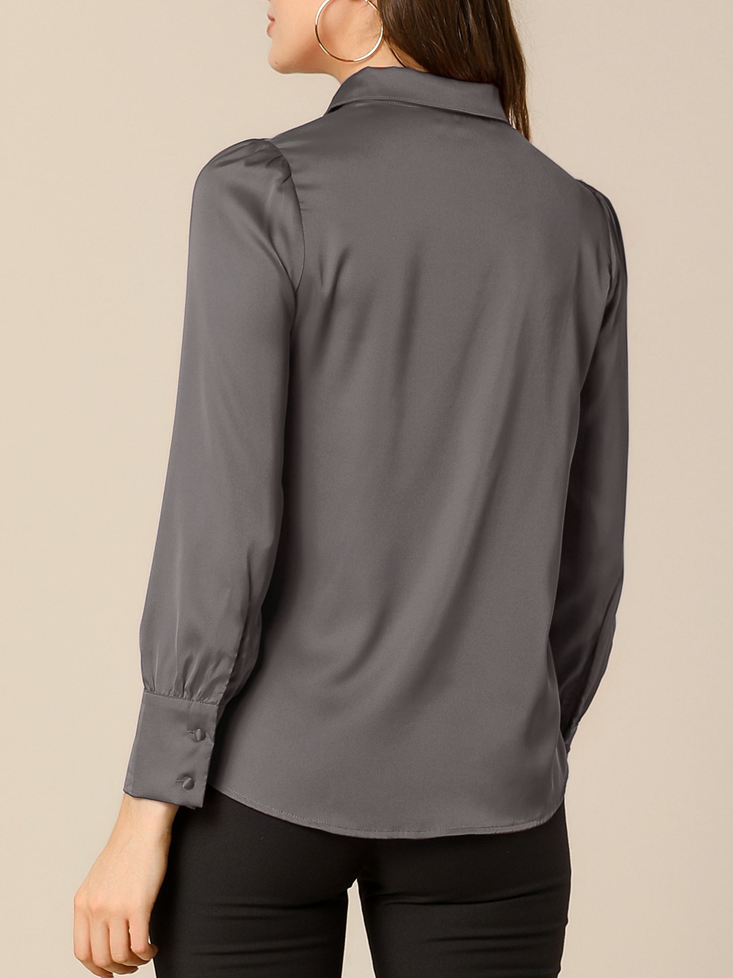 DARING DIVA Women's Satin Blouse Puff Long Sleeve Collared Button Down Shirt XS Gray