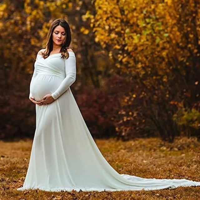 WILLBEST Robe Thaï pour Femmes Maternité Épaules Dénudées Manches Longues Photographie Robe pour Femmes Enceintes Robe Unie Accessoires Photo Robe