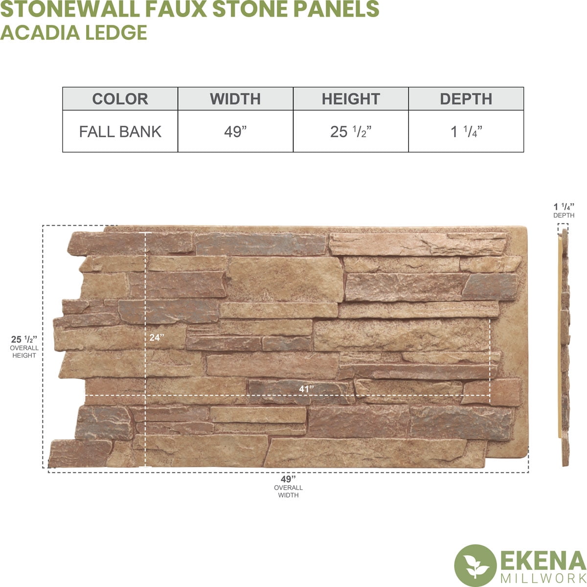 Ekena Millwork 49"W x 25 1/2"H x 1 1/4"D Acadia Ledge Stacked Stone, StoneWall Faux Stone Siding Panel, Fall Bank