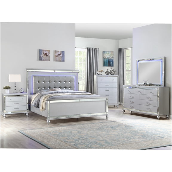 JERFIT Silver Queen 5-Piece LED Modern Bedroom Set with Wood Frame, Dresser, Mirror, Nightstand and Chest