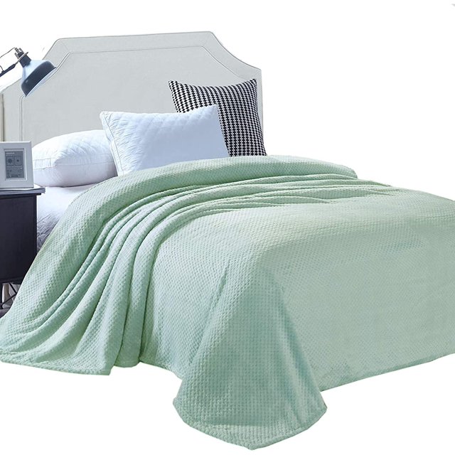 Flannel Throw Blanket, 167x228 CM Soft Sofa Throws, Waffle Fleece Throws for Sofa, Mint Green Blanket