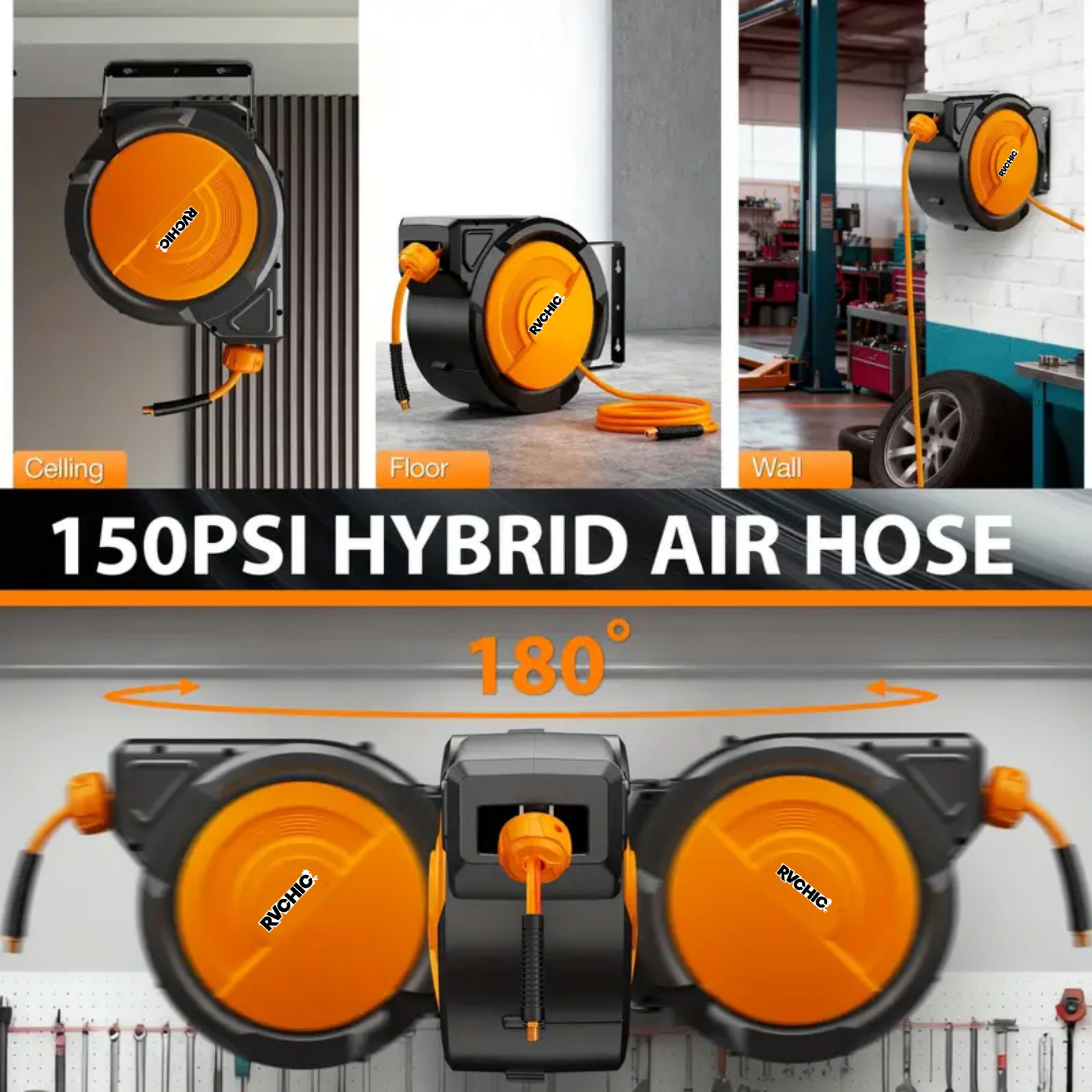 Rvchic 5/16"x40 ft Retractable Air Hose Reel with 180°Swivel & Lock,300 PSI Pneumatic Hose Reel with 6.5ft Lead-in,Any Length Lock,for Automotive Maintenance,Orange
