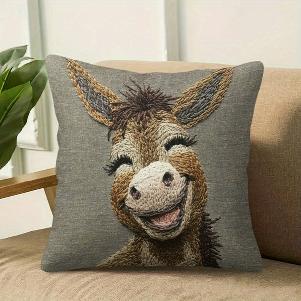 Short Lint Pillow Cover 18inch Cute Two Donkeys Embroidery Decorative Throw Pillowcase For Sofa Bedroom Living Room Home Decoration