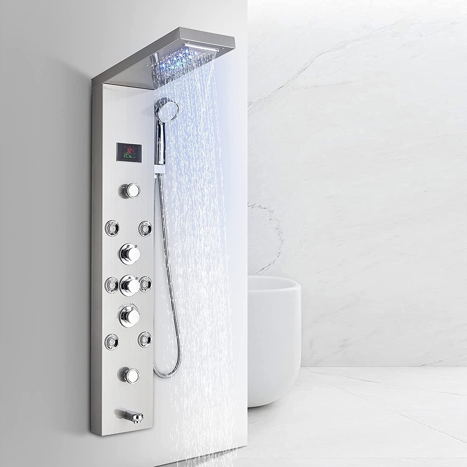 Shower Panel Tower System LED Bathroom Waterfall Rainfall Shower Head,6