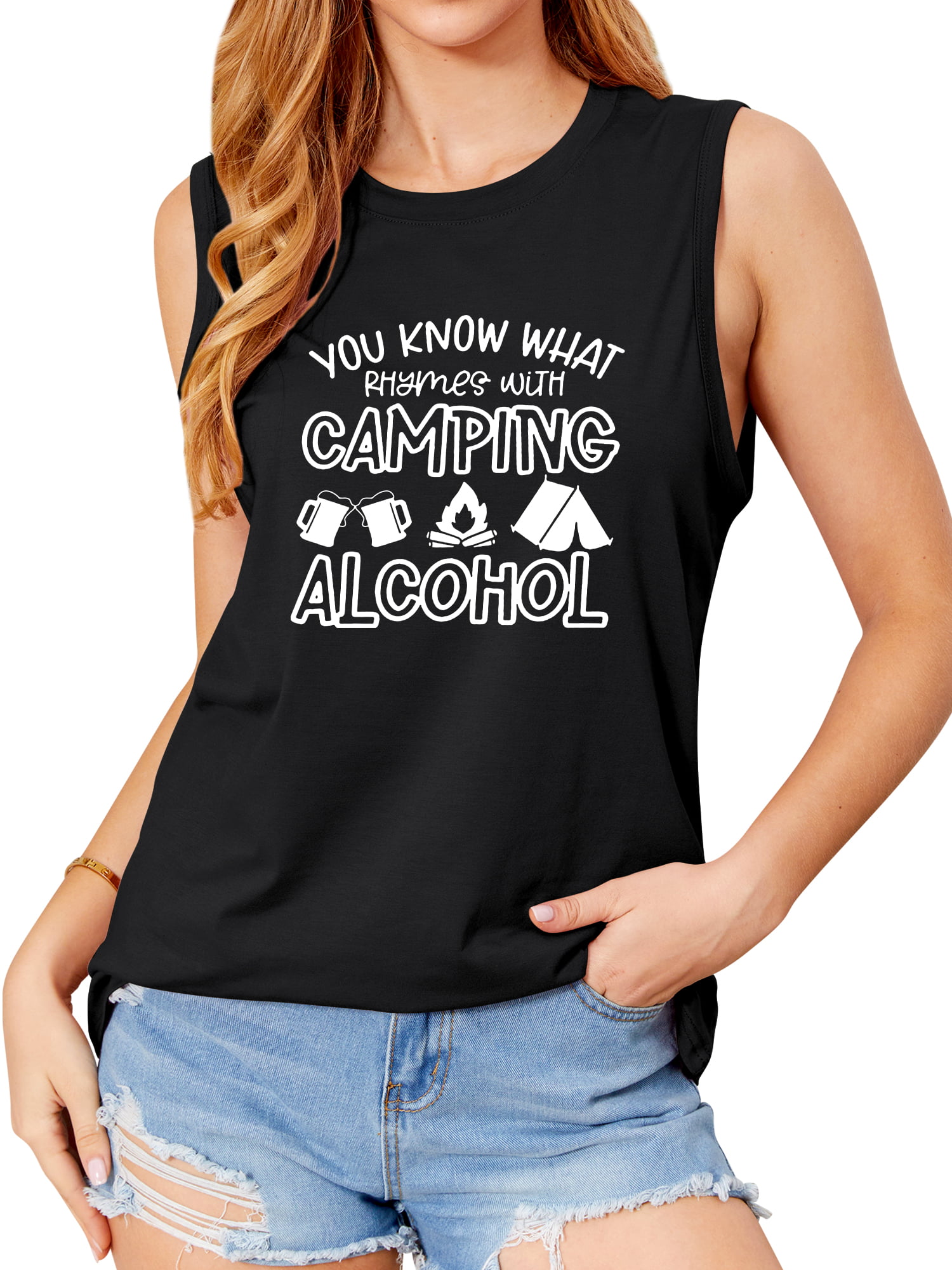 QAFOPEH Women You Know What With Camping Letter Print Crew Tank Top - Walmart.com