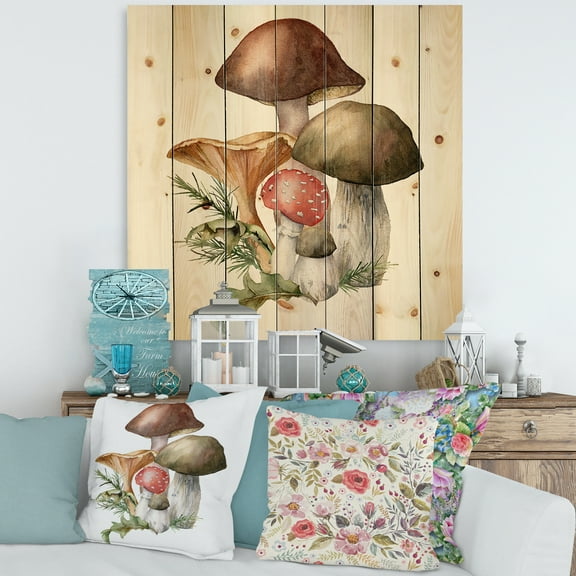 Designart 'Autumn Composition With Mushrooms' Traditional Print on Natural Pine Wood