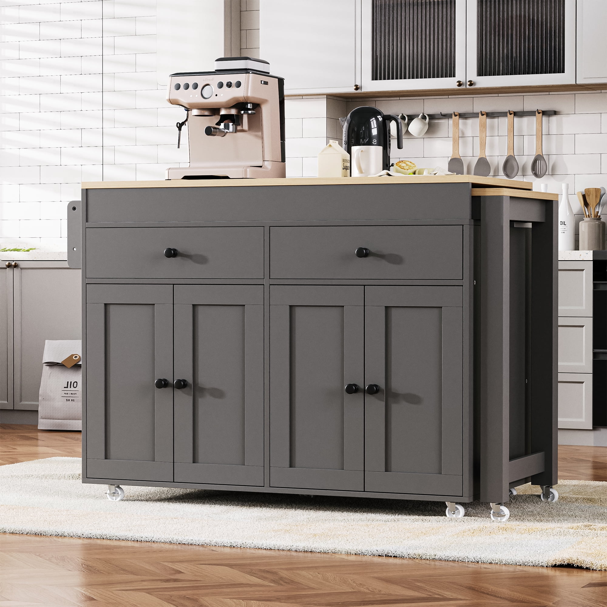 MAYEERTY 74.5" Kitchen Island with Extendable Dining Table, Rolling Wheels, Spice Rack, 2 Drawers & 4-Door Storage Cabinet, Grey