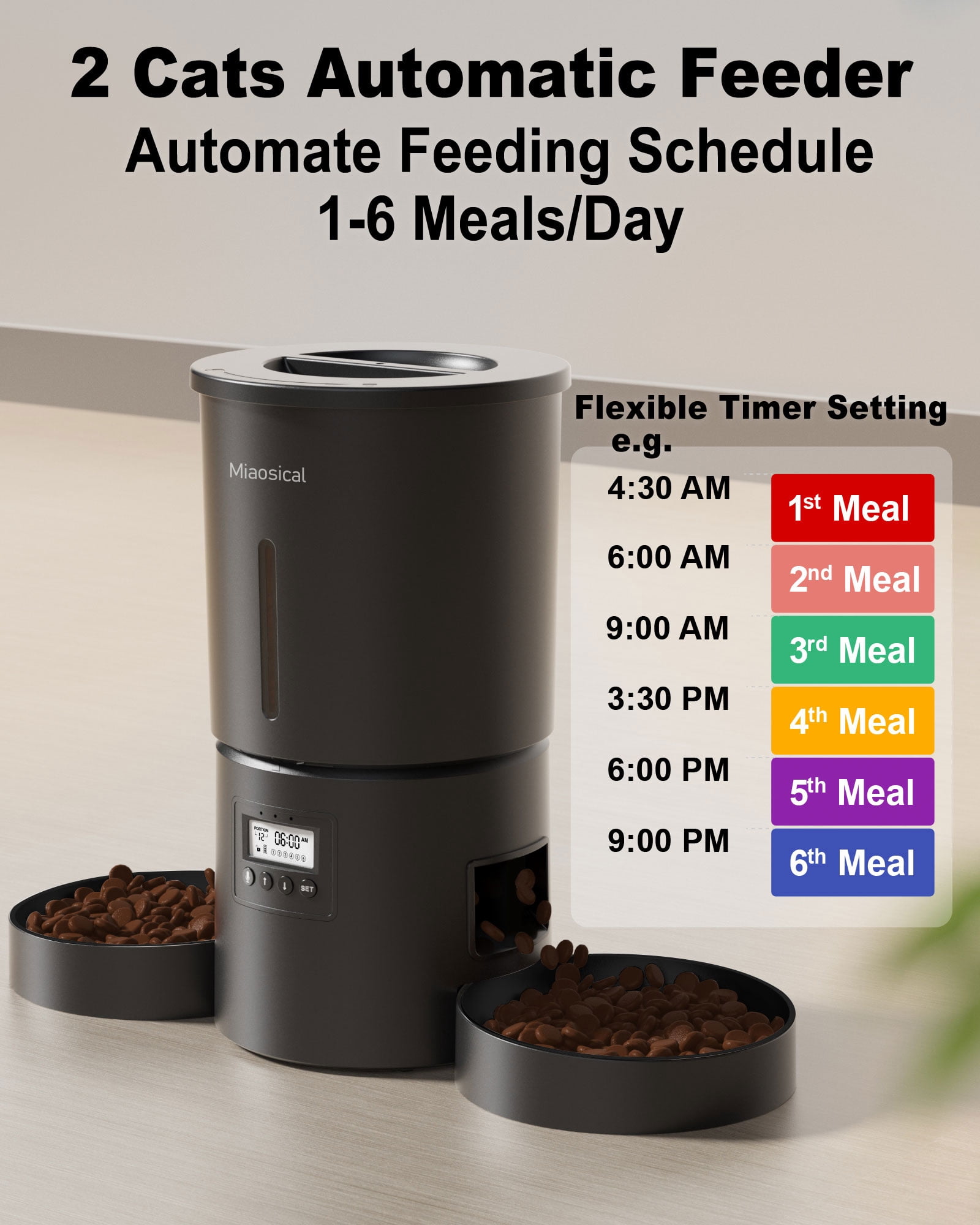 Miaosical Dual Automatic Cat Feeder 2 Cats,6 Meals/Day,12 Portions/Meal,4.2L Dual Power Double Bowls Feeder,Dry Food Auto Pet Dispenser,10S Voice Record,Flexible Schedule Timer