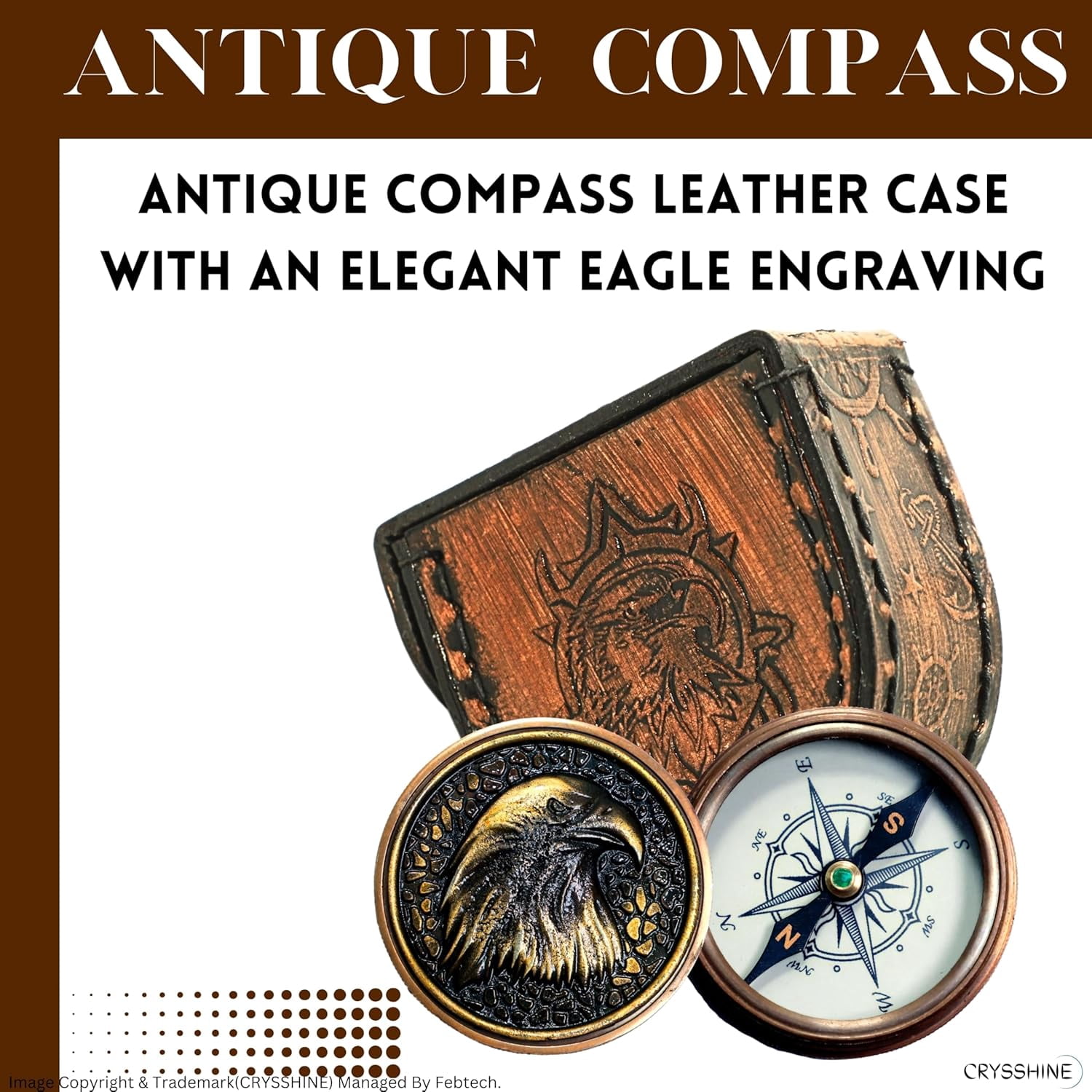 Navy Collection Solid Brass Antique Compass in Leather Case Engraved Eagle Handcrafted Wooden Box | Authentic Mystic Design | Eagle Embossed Lid for Him