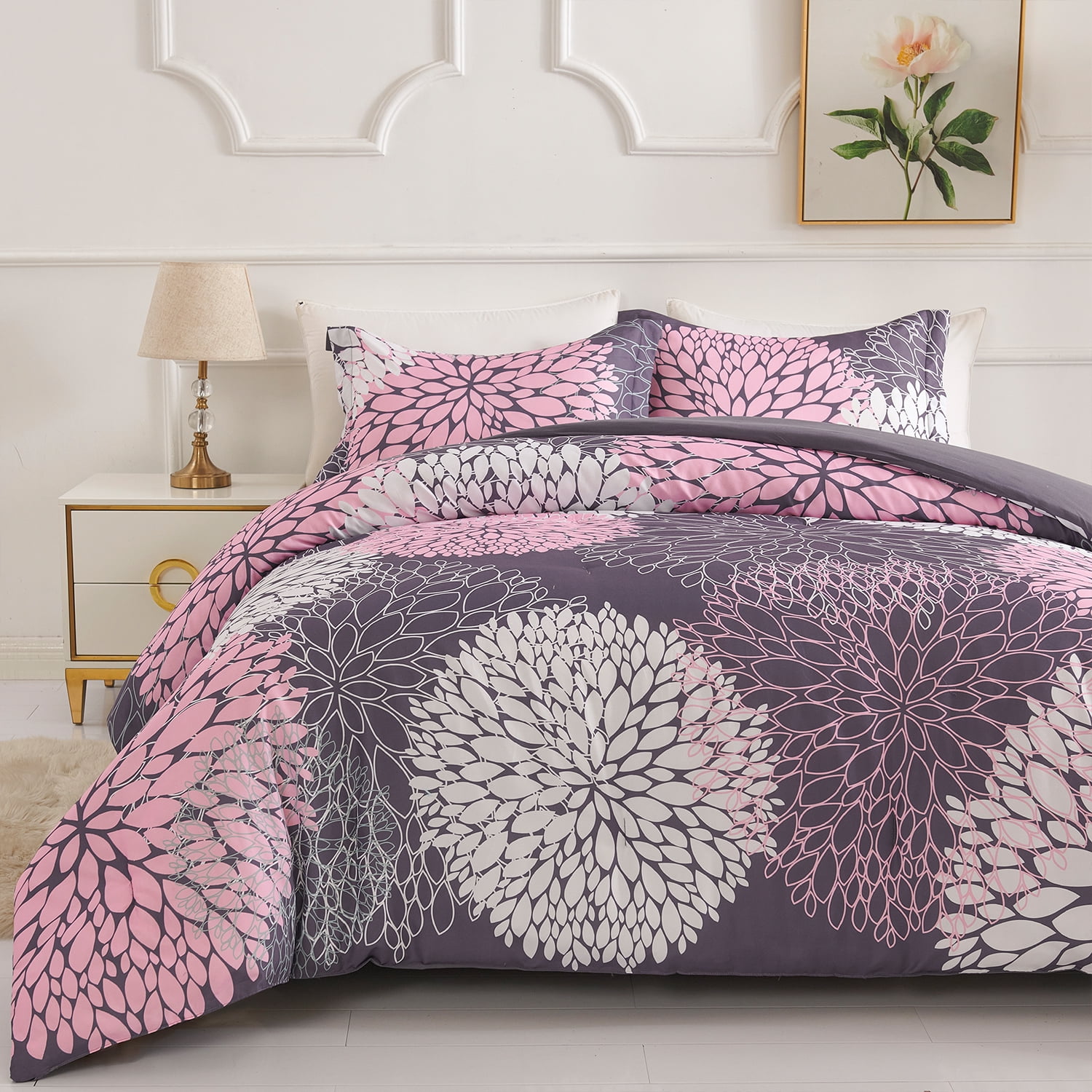 Koniroom Pink and Grey Floral Comforter Set, Botanical Bedding Sets Queen Size with Cute Flowers Printing for Women Teen Girls All Season 3 Pieces Comforters with 2 Pillow Shams (90x90 Inches)