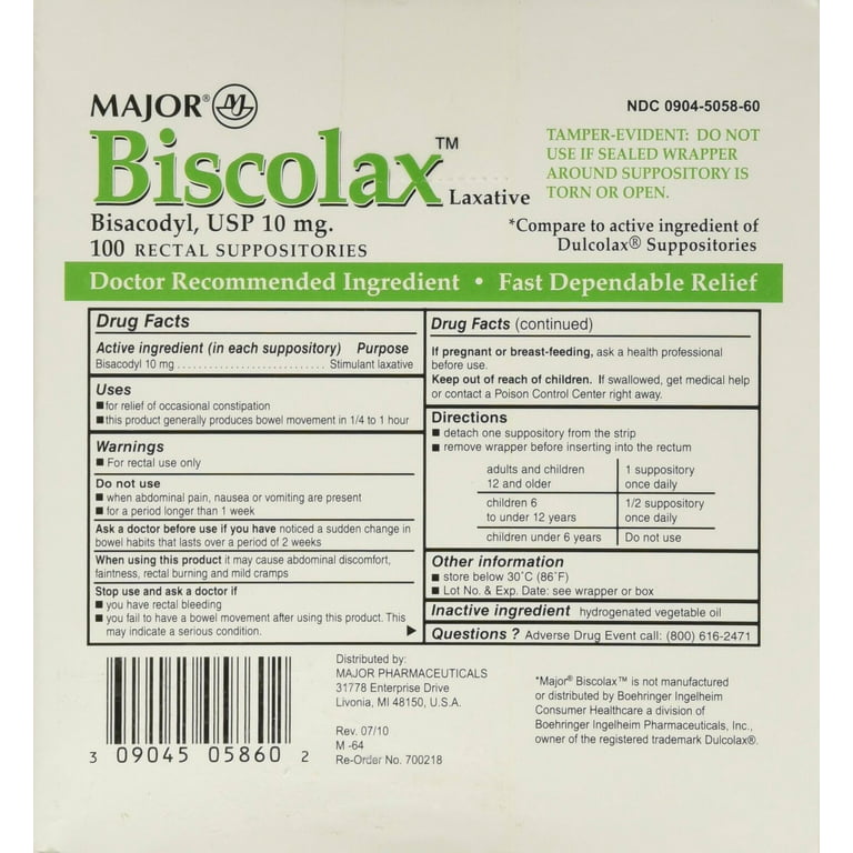 Bisacodyl Stimulant Laxative Suppositories USP, 10 mg, 50 Doses