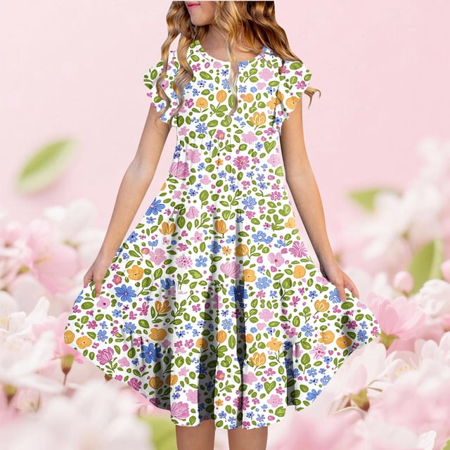 XUNKUSGA Robes pour Filles 4-15 Ans Mignonne à Imprimé Floral Manches à Volants Robe Midi Évasée Été Ample Plissée Robe de Sortie Mode Bohème Robes de Plage avec Poches, Beige