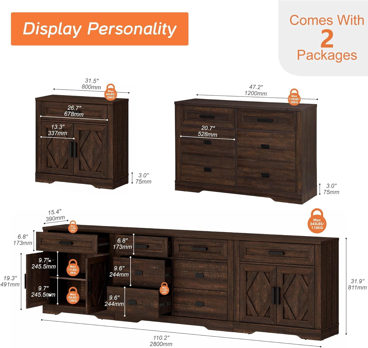WAMPAT 110"W Large TV Stand,3-in-1 Farmhouse Entertainment Center with Storage Barn Door Cabinet,TV Console Table With Media Cabinet and Drawers for Living Room,Bedroom,Rustic Brown